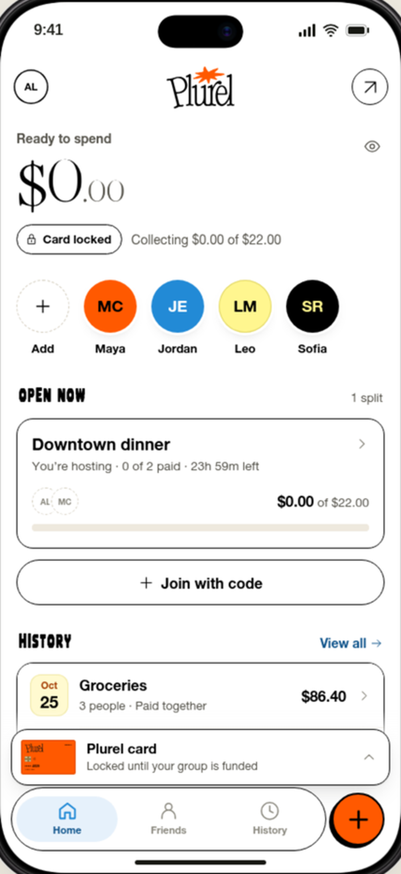 Plurel home. Downtown dinner is open, the card is locked, and $0.00 is ready to spend.