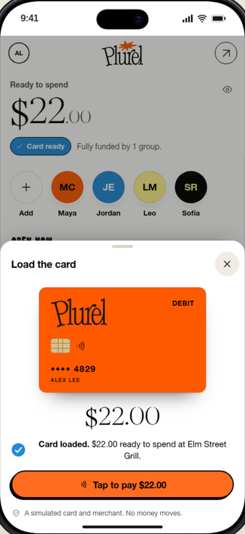 Debit card loaded with $22.00, ready to tap to pay at Elm Street Grill.
